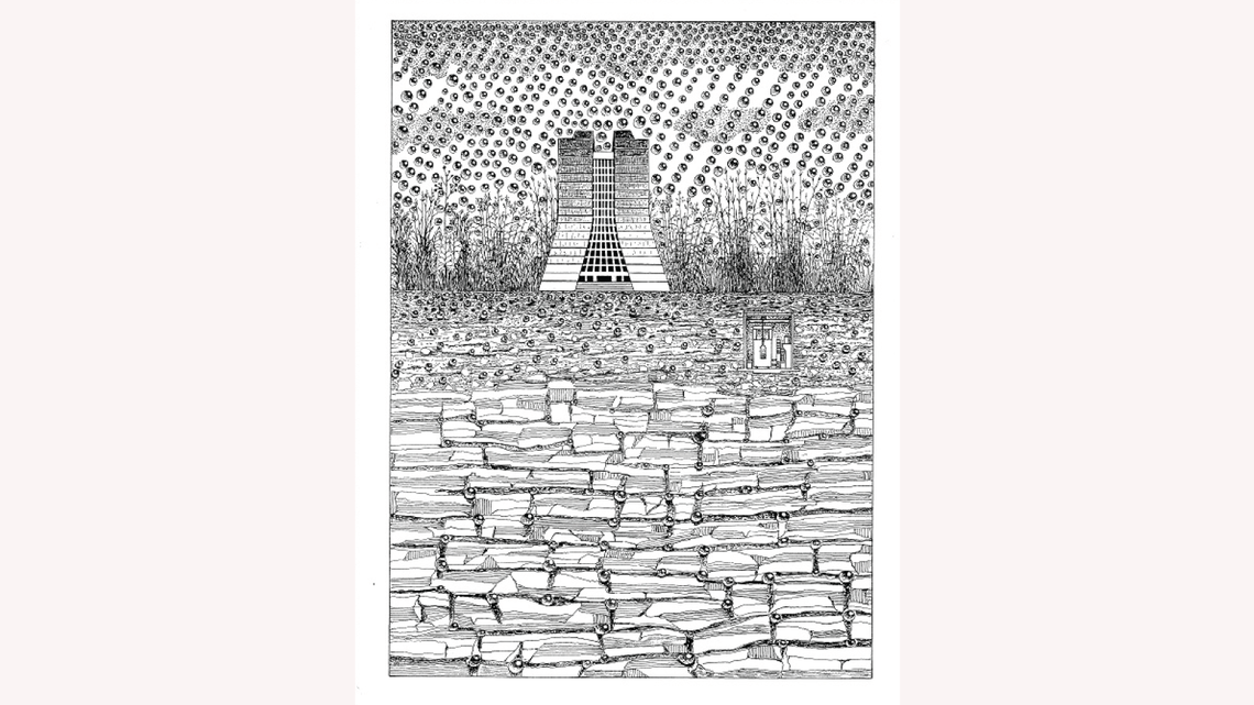 Drawing by Gonzales: Wilson Hall sits among droplets representing the water cycle