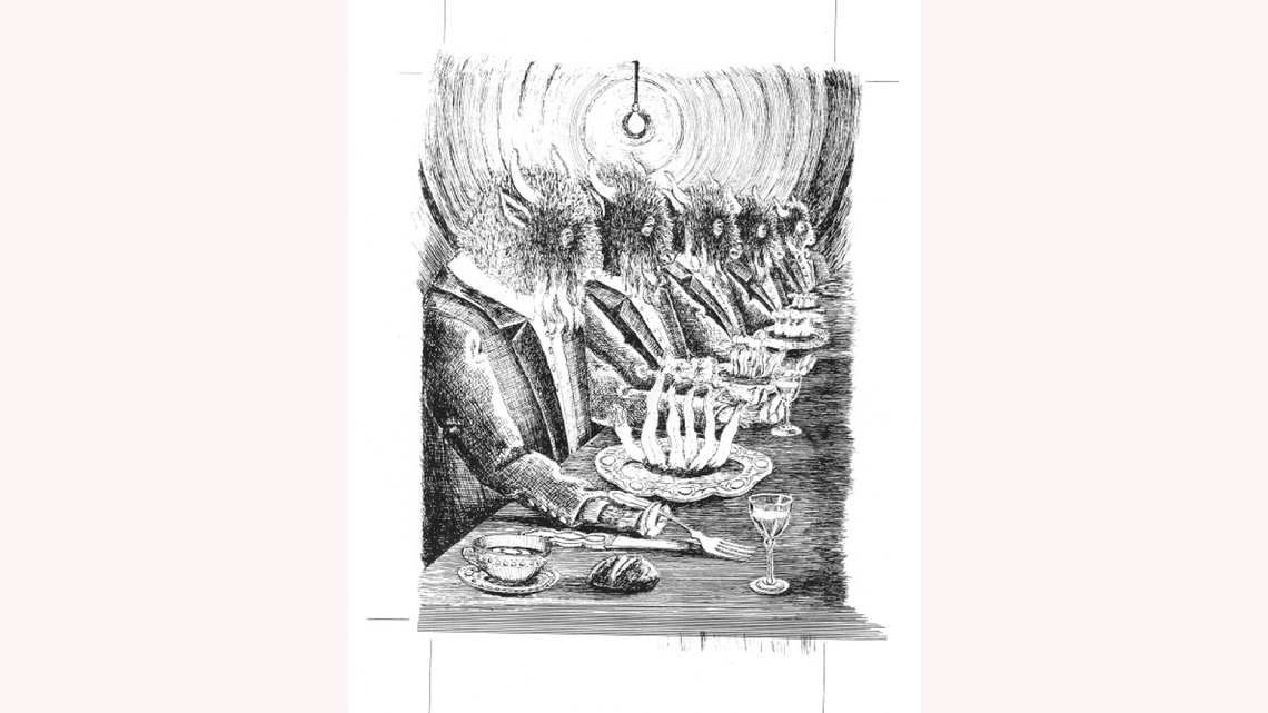 Drawing by Gonzales: elegant bison dine at a table in this surreal Gonzales artwork