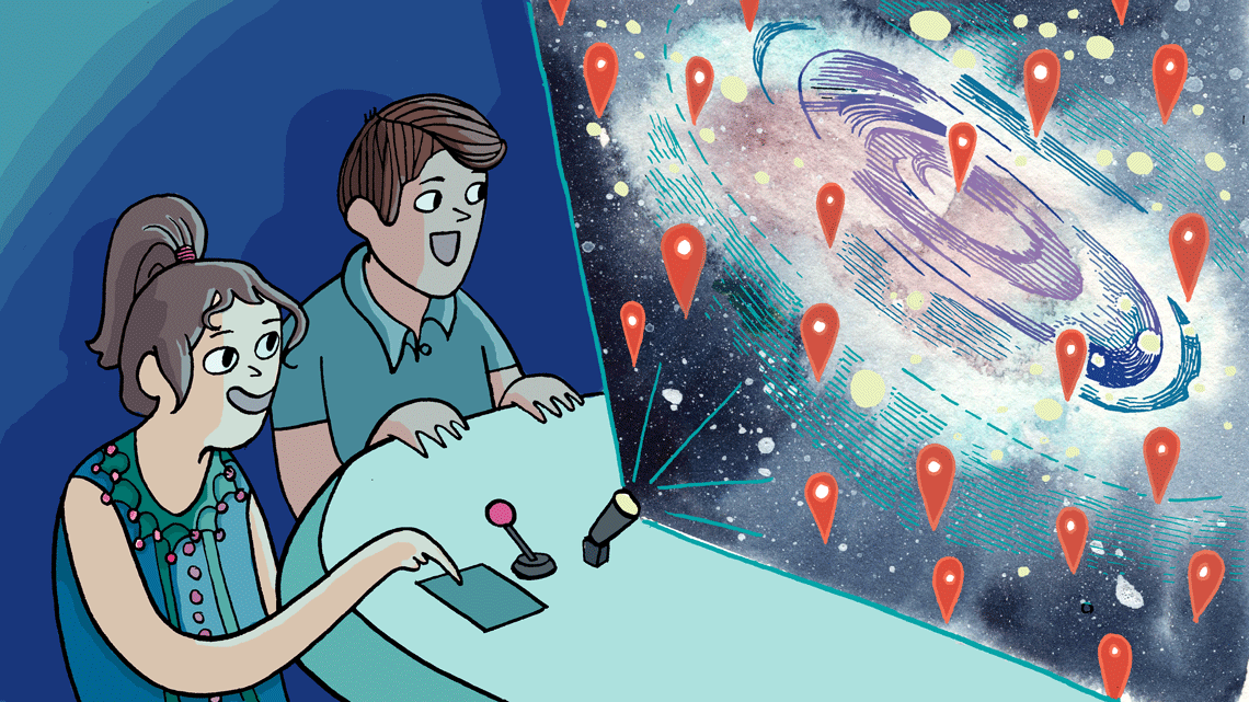 Kids playing with track pad, projection of galaxy with location marks within field
