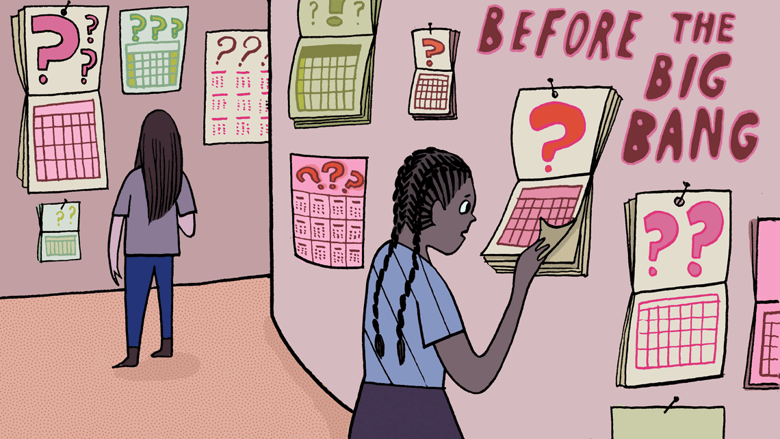 Kids looking at calendars hanging on walls with questions marks "Before the Big Bang"