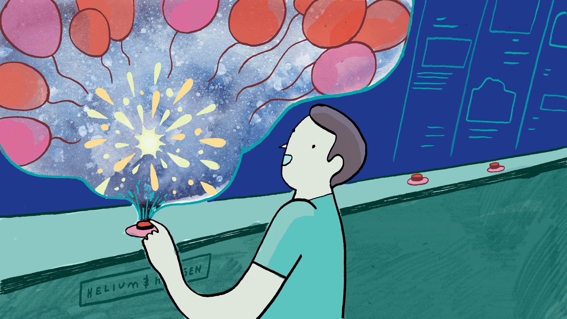Kid pressing a button "helium and hydrogen" and balloons and sparks coming out