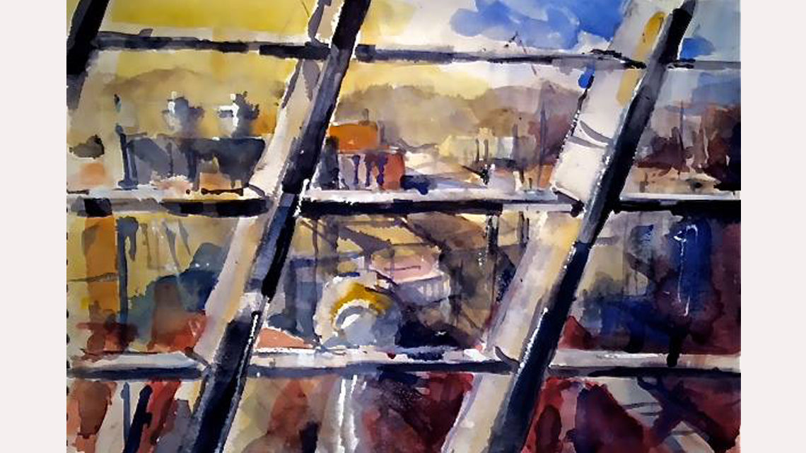 painting of view through windows of Wilson Hall