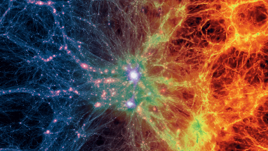 Dark matter density (left) transitions to gas density (right).