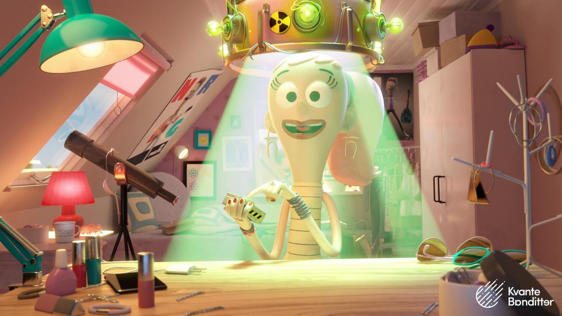 Still from an animated Quantum Kate video showing a girl with pink hair sitting at a desk under a glowing helmet