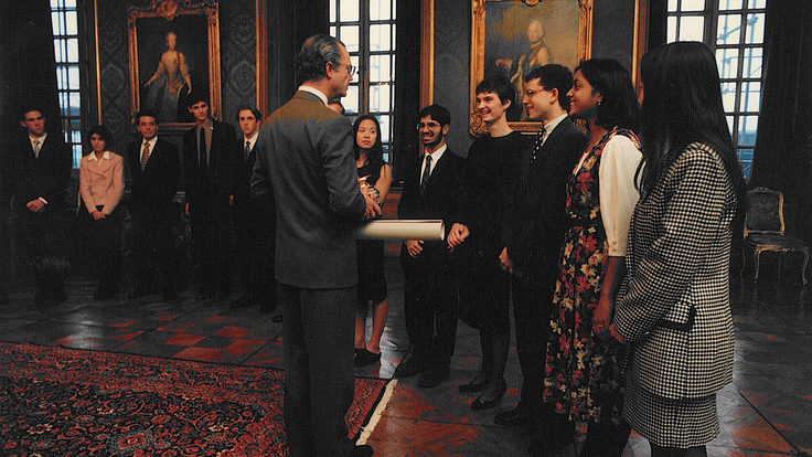 King Carl XVI Gustaf of Sweden addresses young scientists