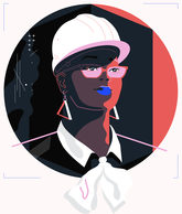 Illustration of portrait of Renee Horton (red, black, blue, purple, grey, white, purple)
