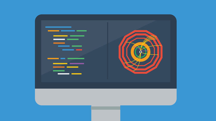 Illustration of computer monitor with split screen of colored block and the LHC