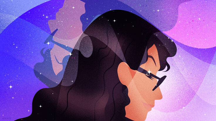 Illustration of a woman's profile with intersecting shapes and curves