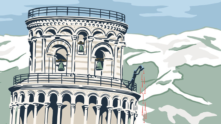 Illustration of Galileo dropping antimatter off the Tower of Pisa