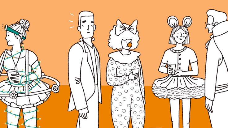Illustration of people wearing Halloween costumes