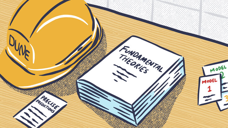 Illustration featuring a DUNE hard hat and a book entitled "Fundamental Theories"