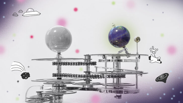 An illustration featuring a model of the solar system