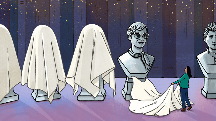 Illustration of a woman unveiling the bust of a female scientist