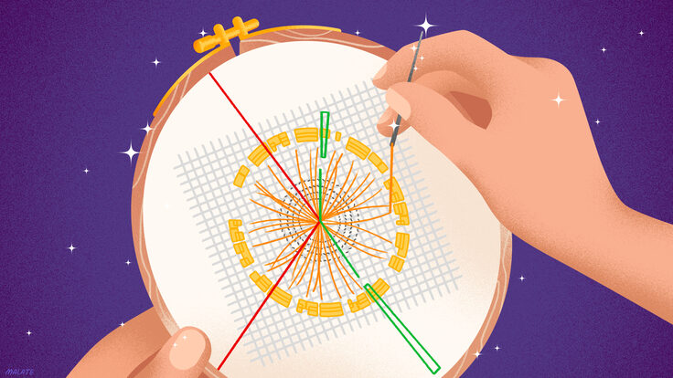 Illustration of someone embroidering a particle collision