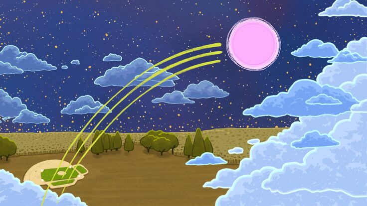 Illustration featuring a muon home run from the field of dreams