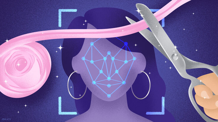 Illustration of a scientist cutting a piece of bias tape with scissors