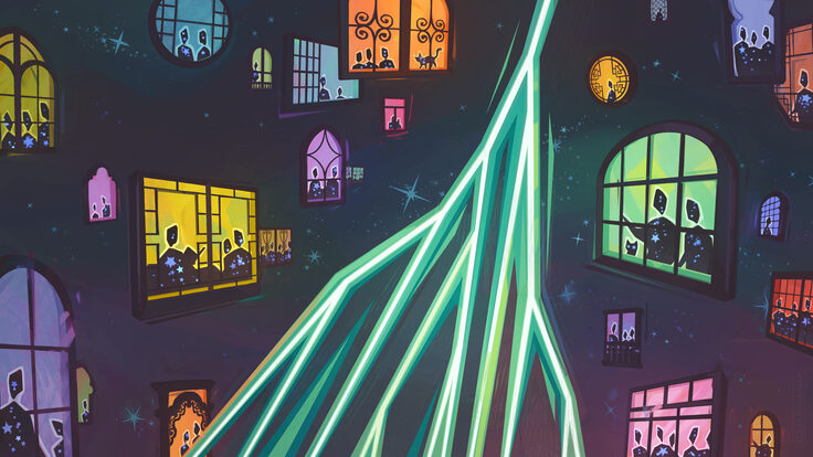 Conceptual illustration of cosmic rays with students in the background