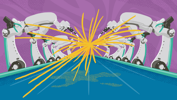 Conceptual illustration of a factory production line with robot arms with a particle collision in the center
