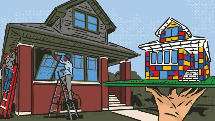 Illustration of a Lego model house next to a real house