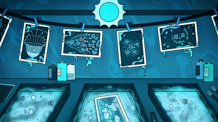 Conceptual illustration of a photographic darkroom in which images of the universe are being developed