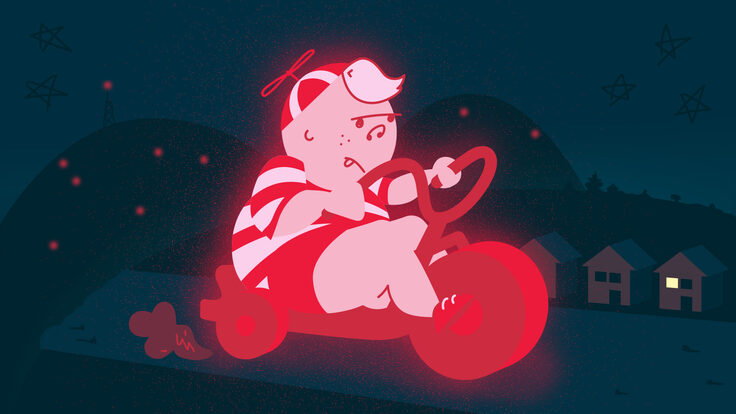 Illustration of a giant toddler on a trike.