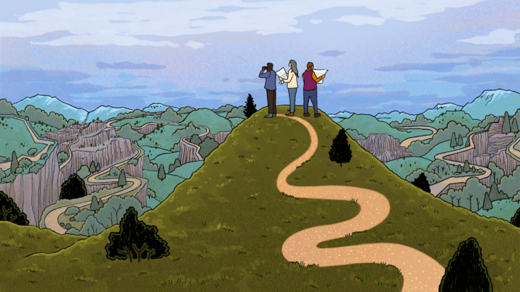 Conceptual illustration of researchers that climb one path only to have a view of more paths