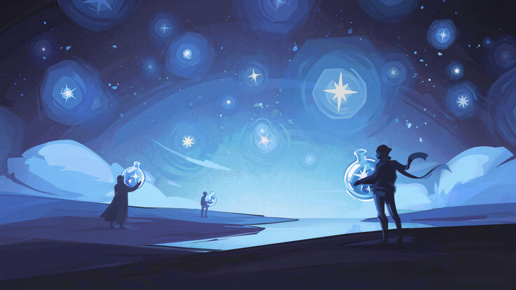 Conceptual illustration of people catching stars in glass jars