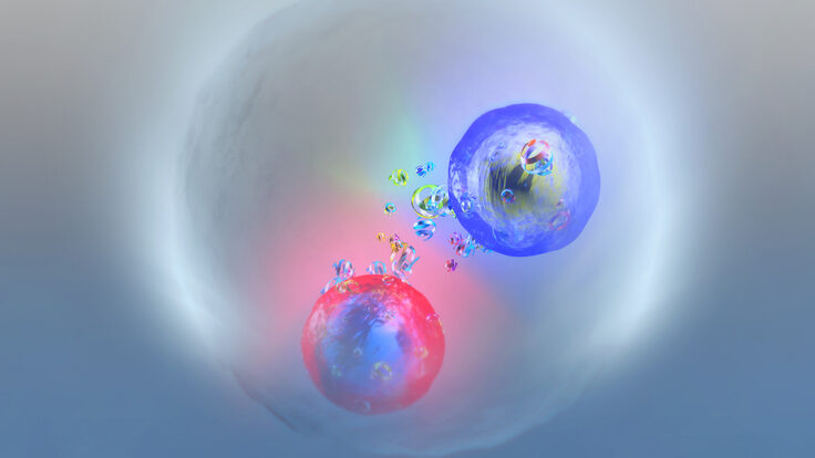 Artist’s impression of the short-lived union of a top quark and a top antiquark formed by the exchange of gluons