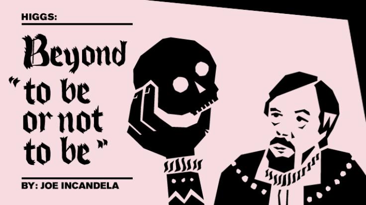 Illustration of Joe Incandela holding a skull that says "Higgs: Beyond “to be or not to be"