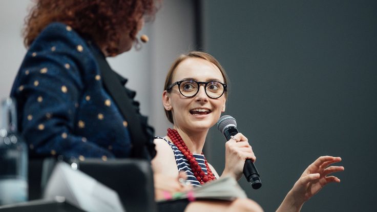 Maria Zurek, right, speaks during a discussion panel at the Linda Nobel Laureates Meeting. 