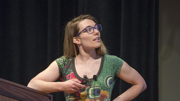 Photo of Angela Fava giving a talk at the Fermilab User's Meeting