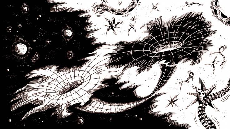 Illustration of split screen black and white, of black holes