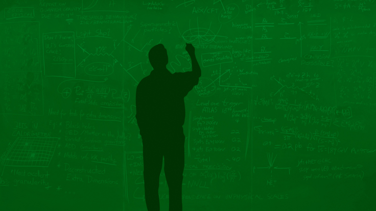 Illustration of figure of man at a supersymmetry blackboard