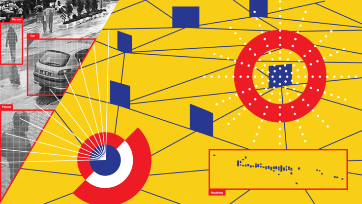 Illustration of red, yellow, and blue abstract representation of a neural network and artificial intelligence 