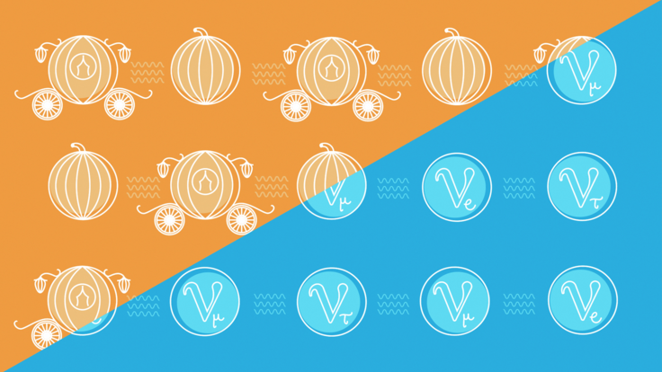 Illustration of Cinderella and her pumpkin: diagonally split orange and blue background