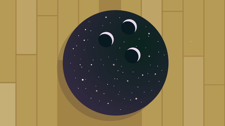 Illustration of black star bowling ball, with three holes facing up, on hardwood floor
