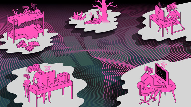 LIGO graphic with waves and plains of people working on computers at desks, in bed, and under trees
