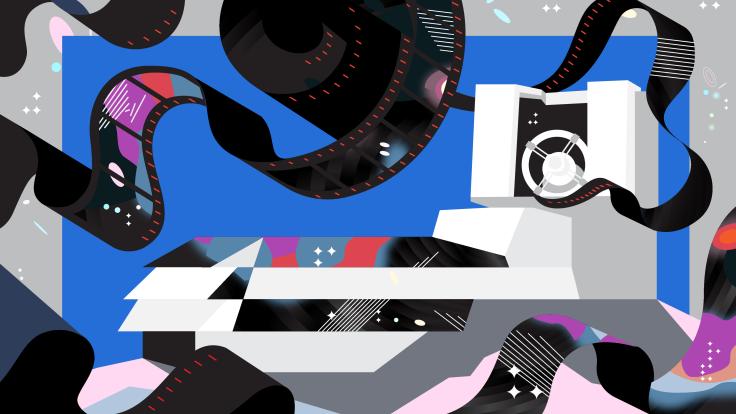 Illustration of LSST Camera with film strips flying around for the worlds largest astronomical movie (pink, blue, black, white)