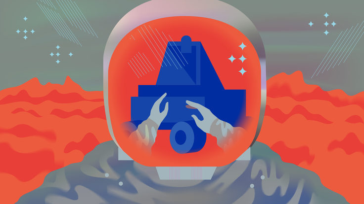 An illustration of a person in a space suit on mars with a reflection of a rover in the helmet