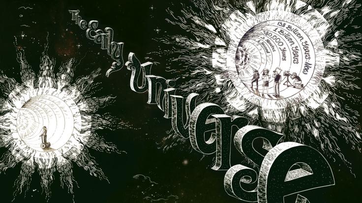 Black and white sketch illustration of the early universe
