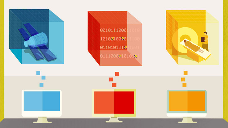 Illustration of a blue cube with satellite inside, red cube with 1's and 0's inside, and yellow cube with medical professional