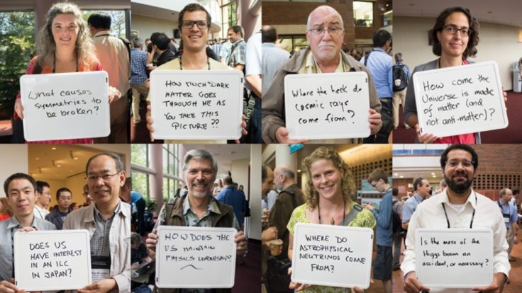 Photo grid of 8 people holding white boards that ask physic questions 