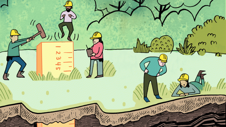 Illustration of 1,000 meters below, men working on pushing ruler into ground