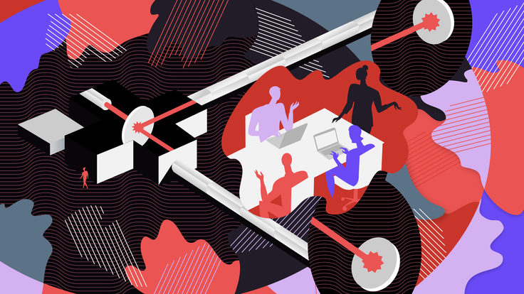 Illustration of scientists discussing the LIGO experiment in center of field of red, blue, purple, and black shapes and lines