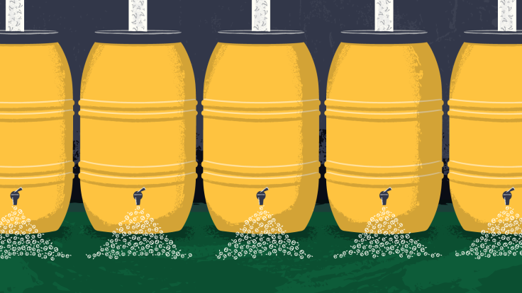 Illustration of rain barrels collecting particles