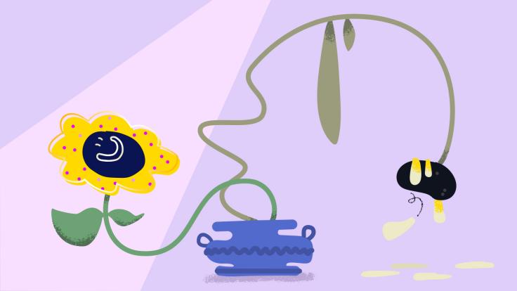 Illustration of two flowers, one healthy and one dying