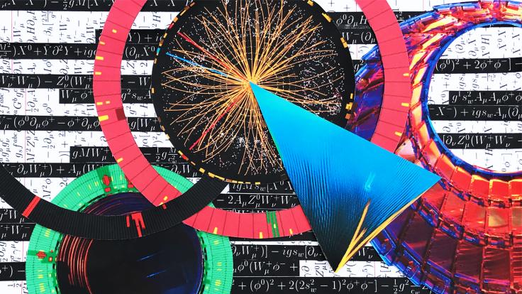 Black and white collage background with equations, circular collage images of different scientific machines on top