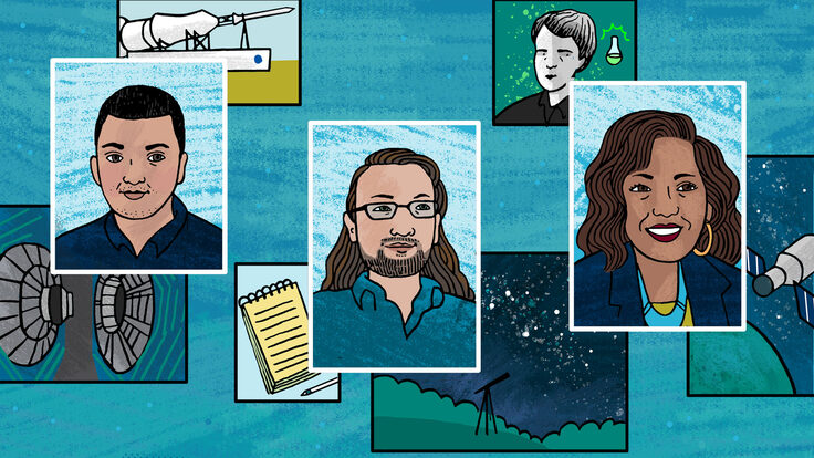An illustration of the three featured scientists