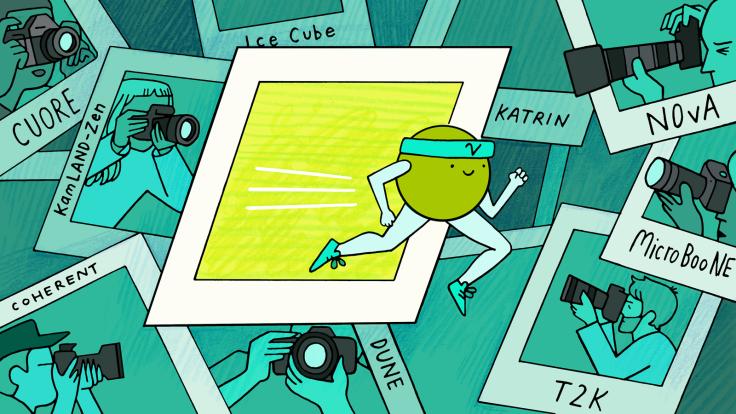 Illustration of polaroids with neutrino who is running out of the center photo (dark and light teal, chartreuse, white) 