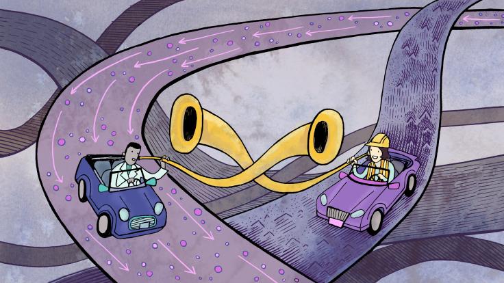 Two people in cars passing each other holding horns and talking to one another 
